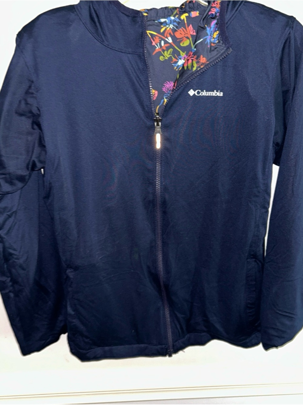 Columbia Navy Jacket with Colorful Floral Lining Reversible